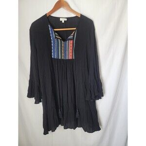 VELZERA Women's Black Embroidered Tunic Top Blouse Size M Bell Sleeves Tie Neck